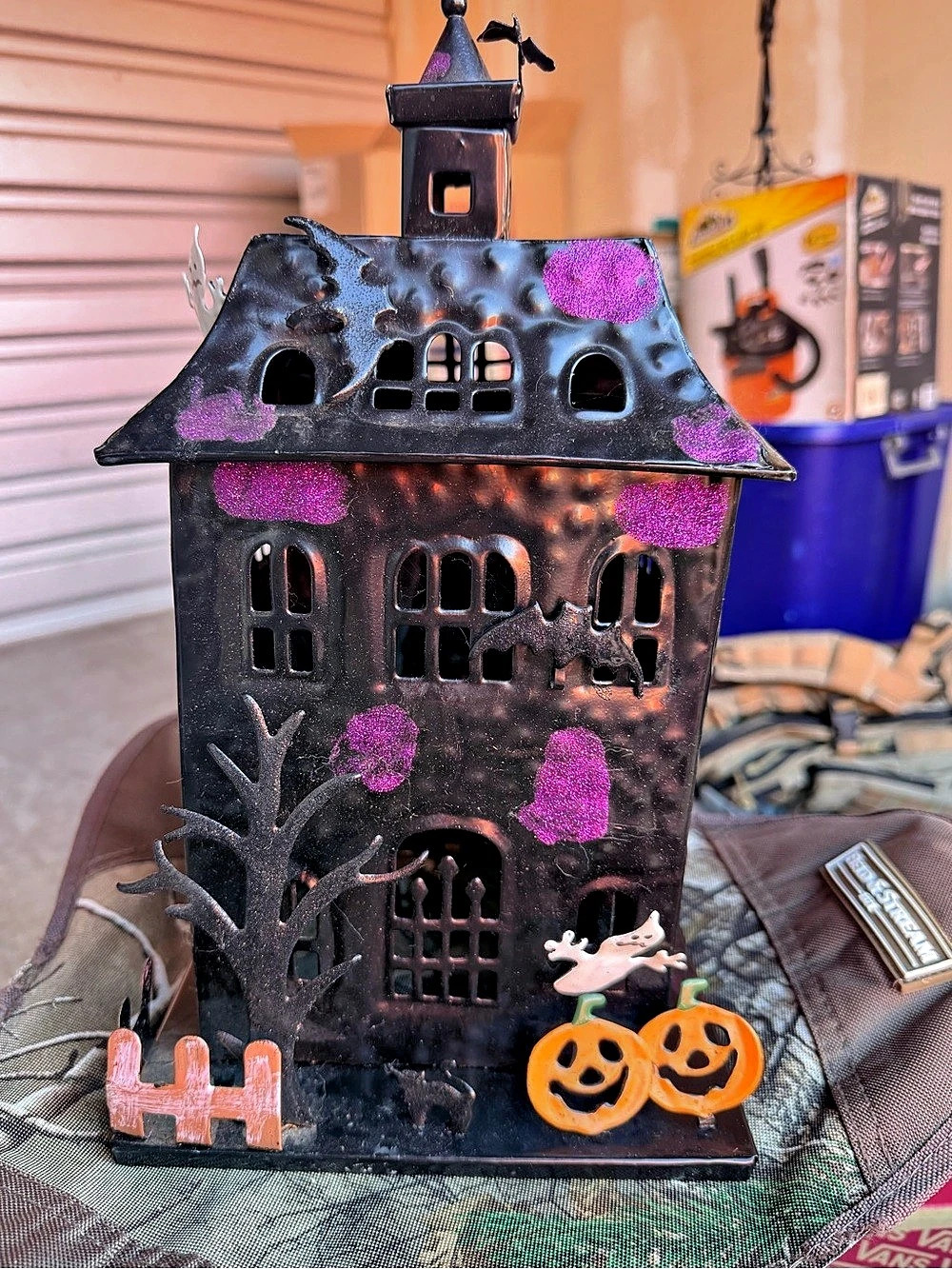 Halloween Haunted House Metal Tealight Candle Holder, Black Purple Pumpkin Ghost